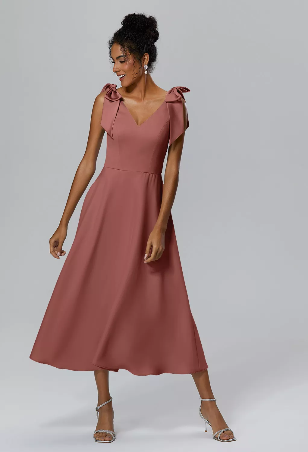 tea rose color bridesmaid dresses Glittery Spaghetti Straps Knee Length Bowknot Bridesmaid Dress