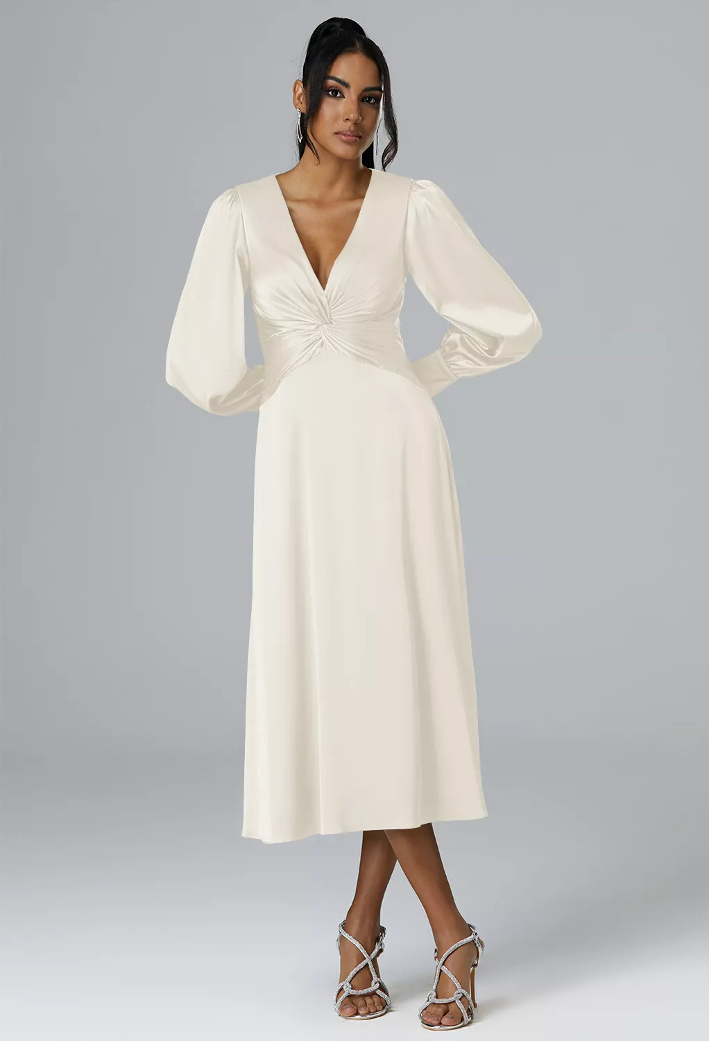 slim fit dress slacks A Line Round Neck Long Sleeves White Lace Long Prom Dresses, White Lace  Formal Graduation Dresses main image 0