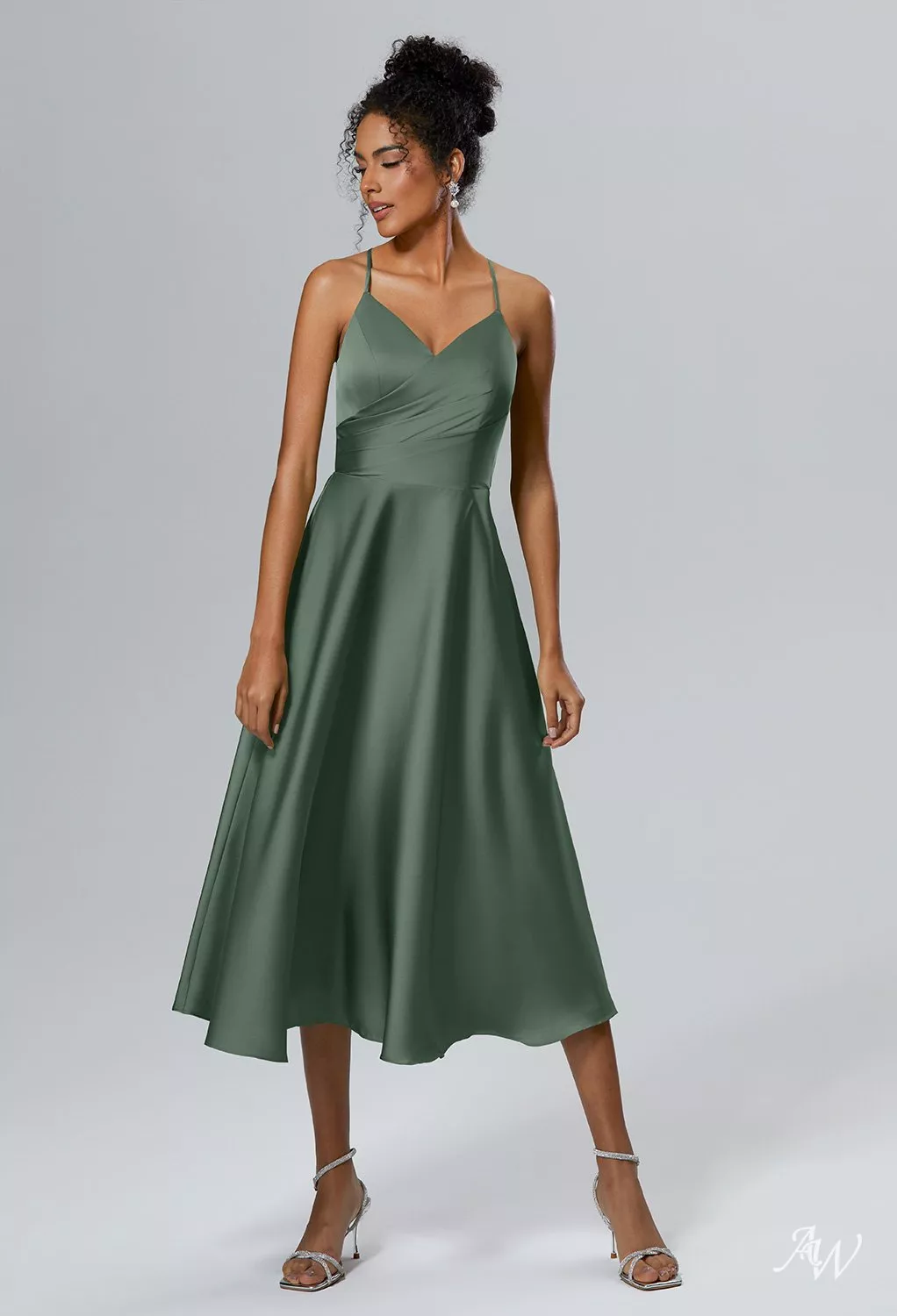 dark olive formal dress AW.Bridal A-line V-Neck Tea Length Sleeveless Spaghetti Straps Satin Crisscross Back Short Bridesmaid Dresses Size 18 warehousebackup25