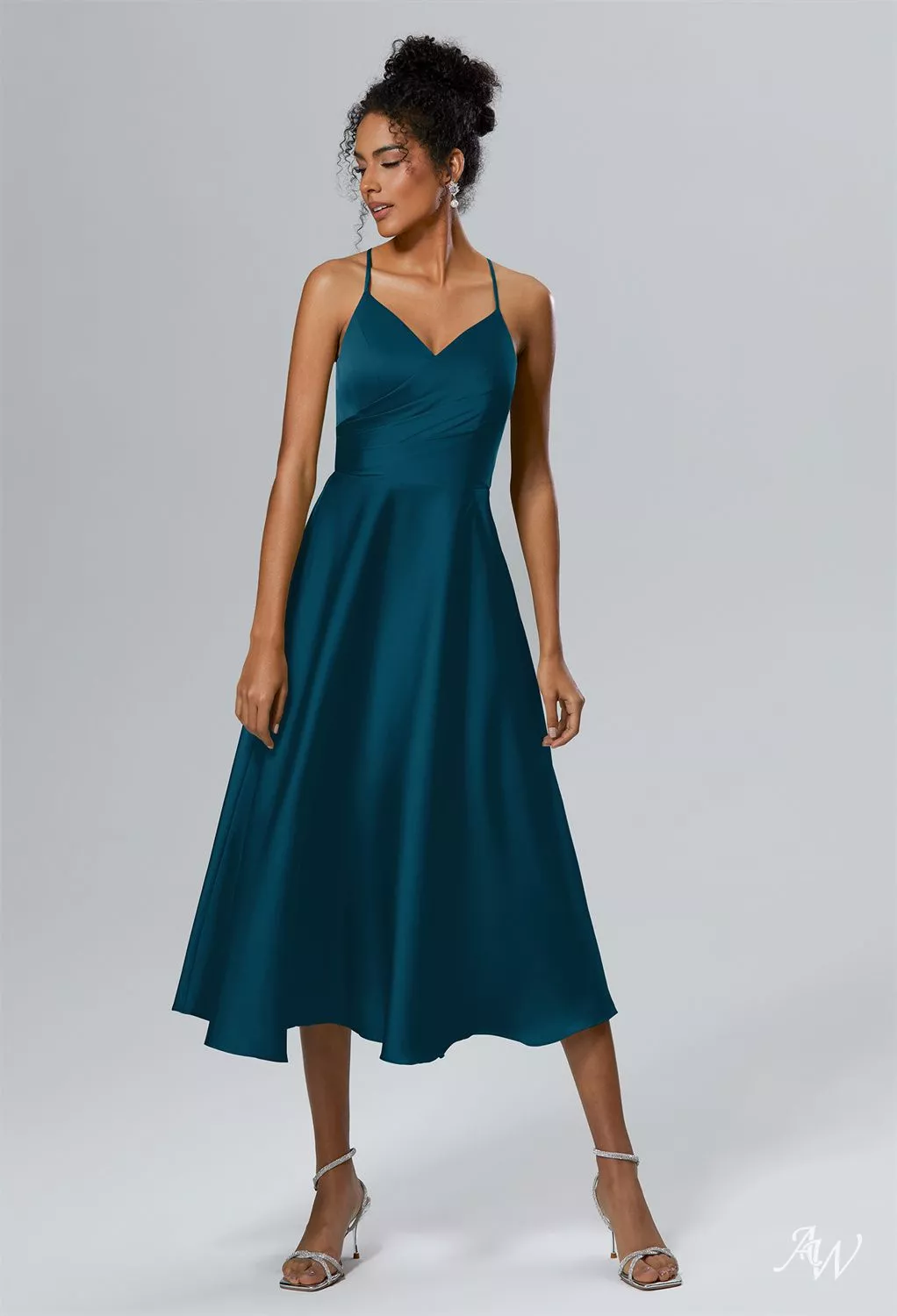 AW Vina Dress, Dusty Blue Crystal Satin Satin Charmeuse Tea Length V-Neck  Bridesmaid Dresses | AW.Bridal