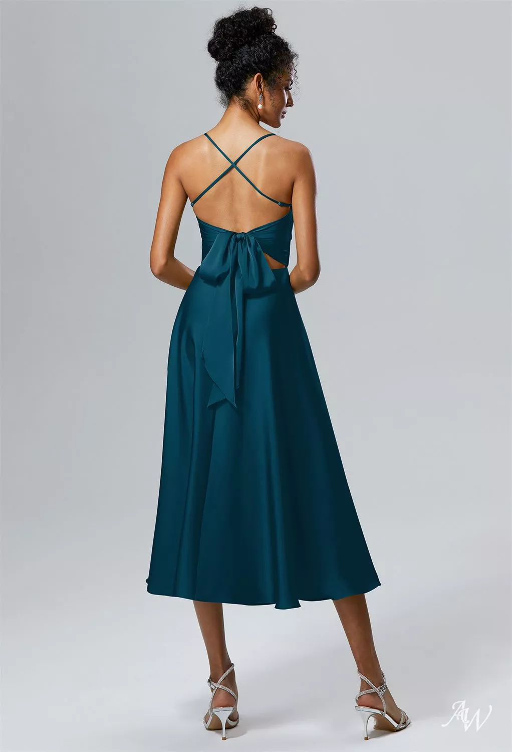 lake blue bridesmaid dresses AW.Bridal A-line V-Neck Tea Length Sleeveless Spaghetti Straps Satin Crisscross Back Wedding Guest Dress Deep Size 18 Preview Sleeveless Cowl Neck and hem Heel Height Group_Low Dimension:34.5x22.5x12.5