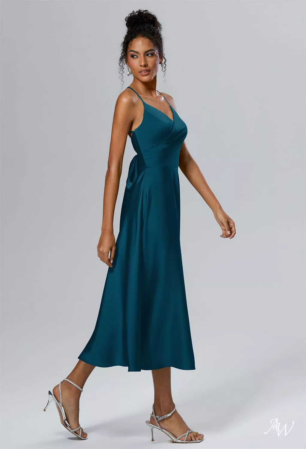 lake blue bridesmaid dresses AW.Bridal A-line V-Neck Tea Length Sleeveless Spaghetti Straps Satin Crisscross Back Wedding Guest Dress Deep Size 18 US SIZE:6 Puffy Dresses Emerald Sundae Womens Body Bride An elegant mermaid