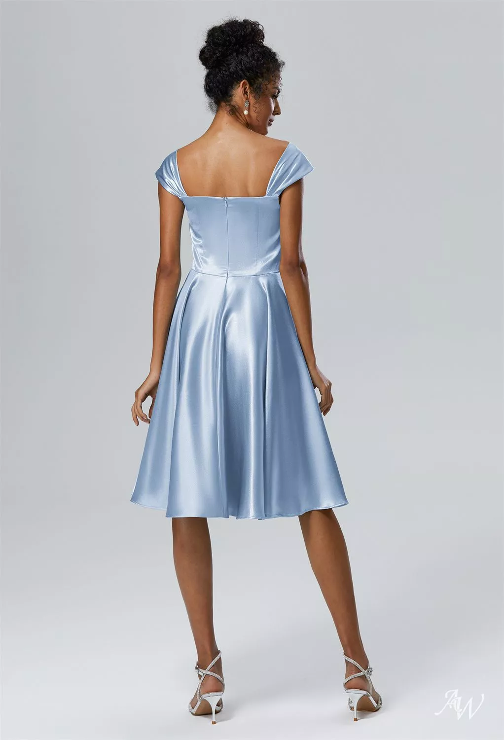 AW.Bridal A-line Off the Shoulder Knee Length Cap Sleeves Crystal Satin Wedding Guest Dresses Dress Baby Blue Size 18