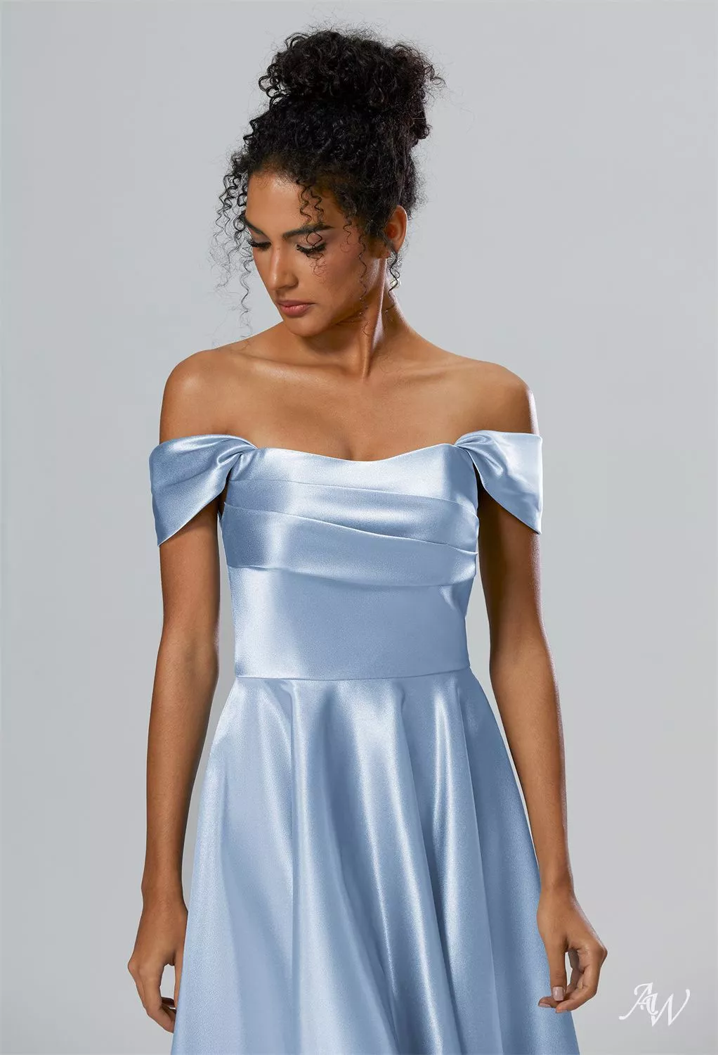 AW.Bridal A-Line Off The Shoulder Knee Length Cap Sleeves Crystal Satin Wedding Guest Dresses Dress Baby Blue Size 18