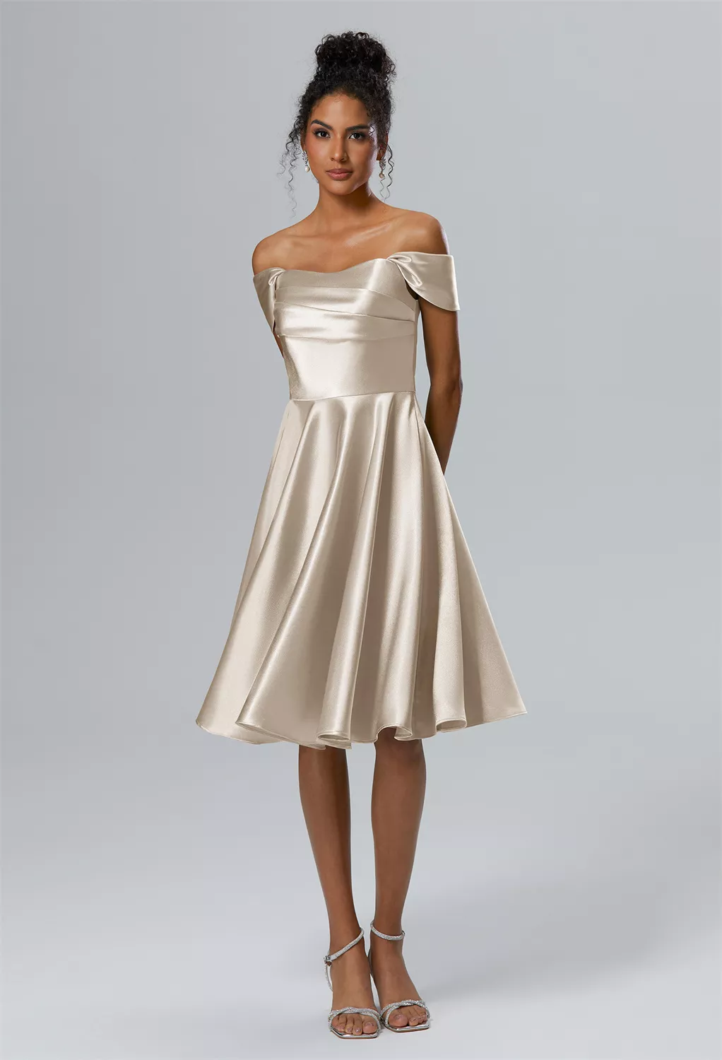 short champagne wedding dresses Off-the-Shouder Prom Dress with Beads Black / 4 puffy long sleeve top Champagne A-line Illusion high neck