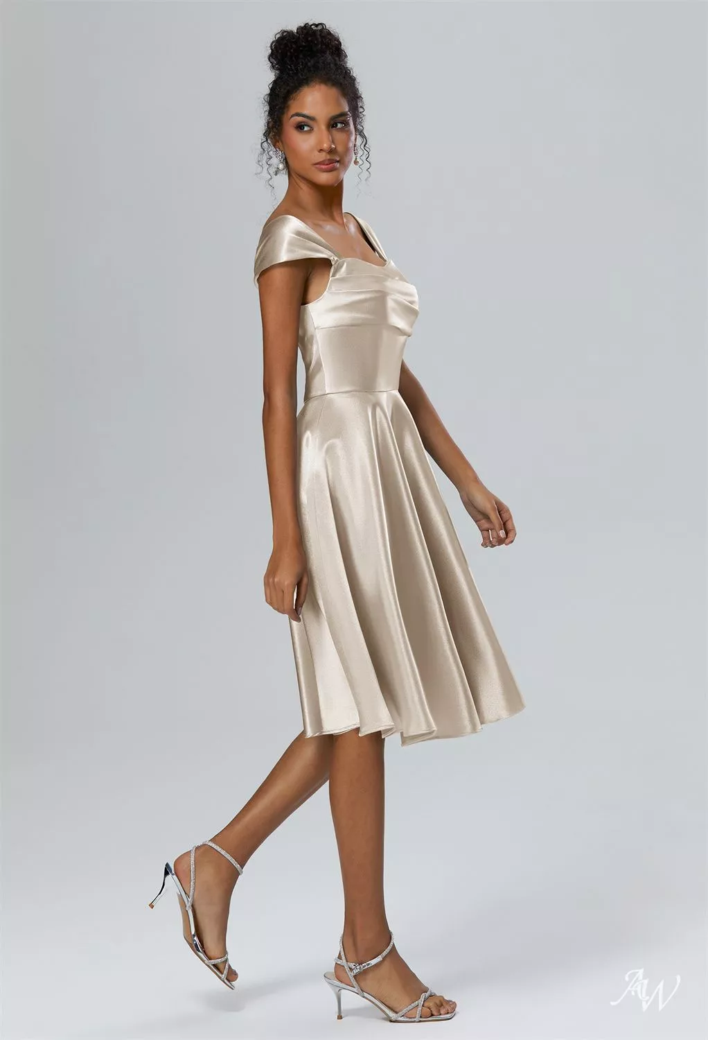 AW Yasmin Dress, Dark Navy Crystal Satin Satin Charmeuse Knee Length Off  the Shoulder Bridesmaid Dresses | AW.Bridal