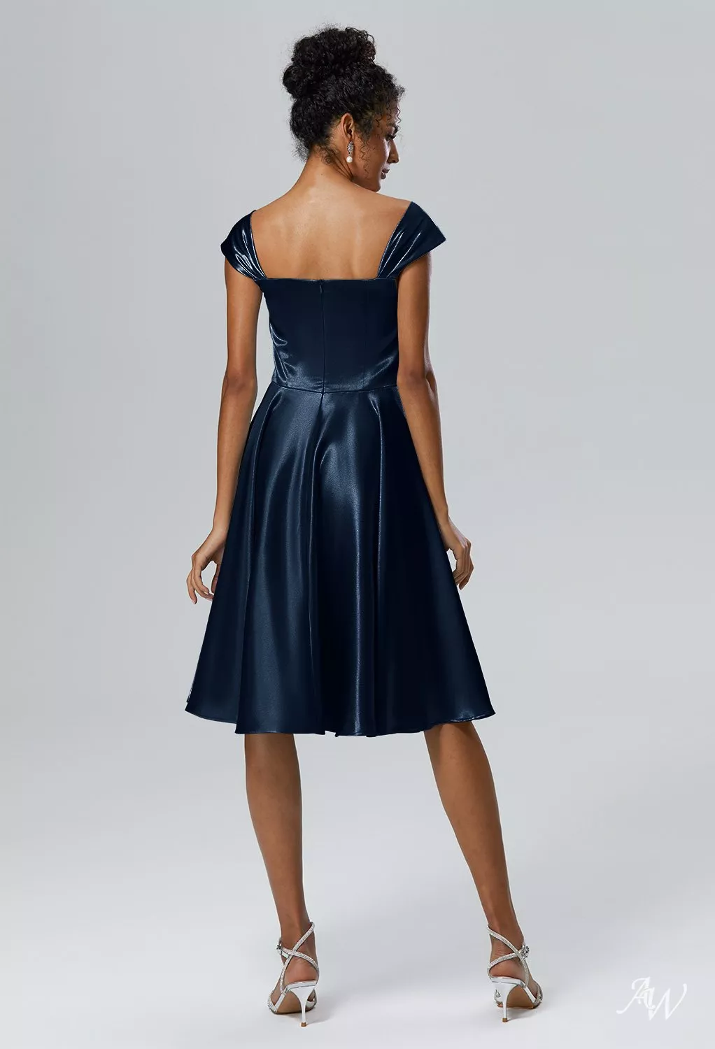 navy bridesmaid dresses knee length AW.Bridal A-line Off the Shoulder Cap Sleeves Crystal Satin Wedding Guest Dress Dark Size 18 Square Neck Sleeves 20250519_FP Beaded Lace Bridal Top Select Shoe Size:40