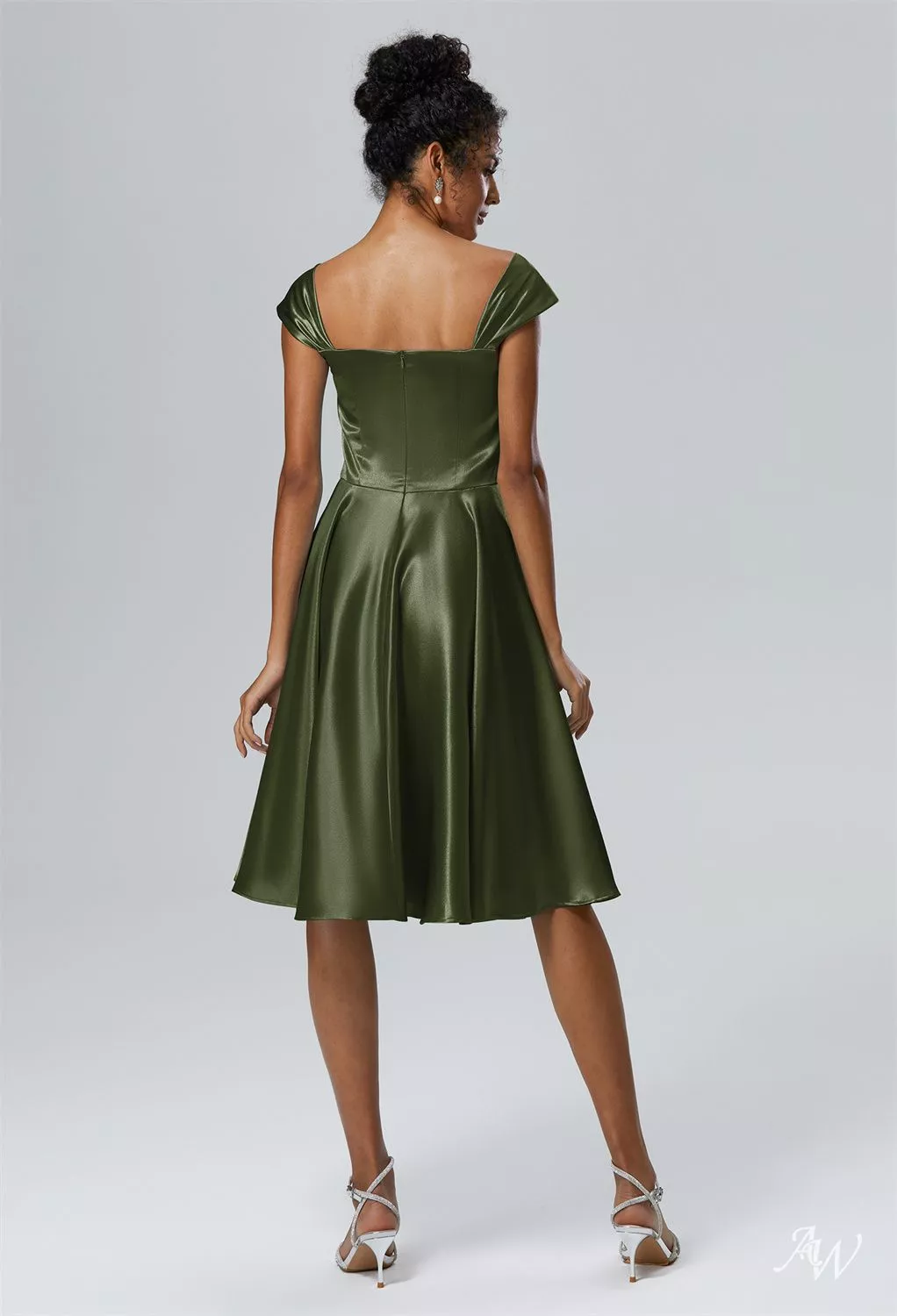 AW.Bridal A-Line Off The Shoulder Knee Length Cap Sleeves Crystal Satin Wedding Guest Dresses Dress Green Olive Size 8