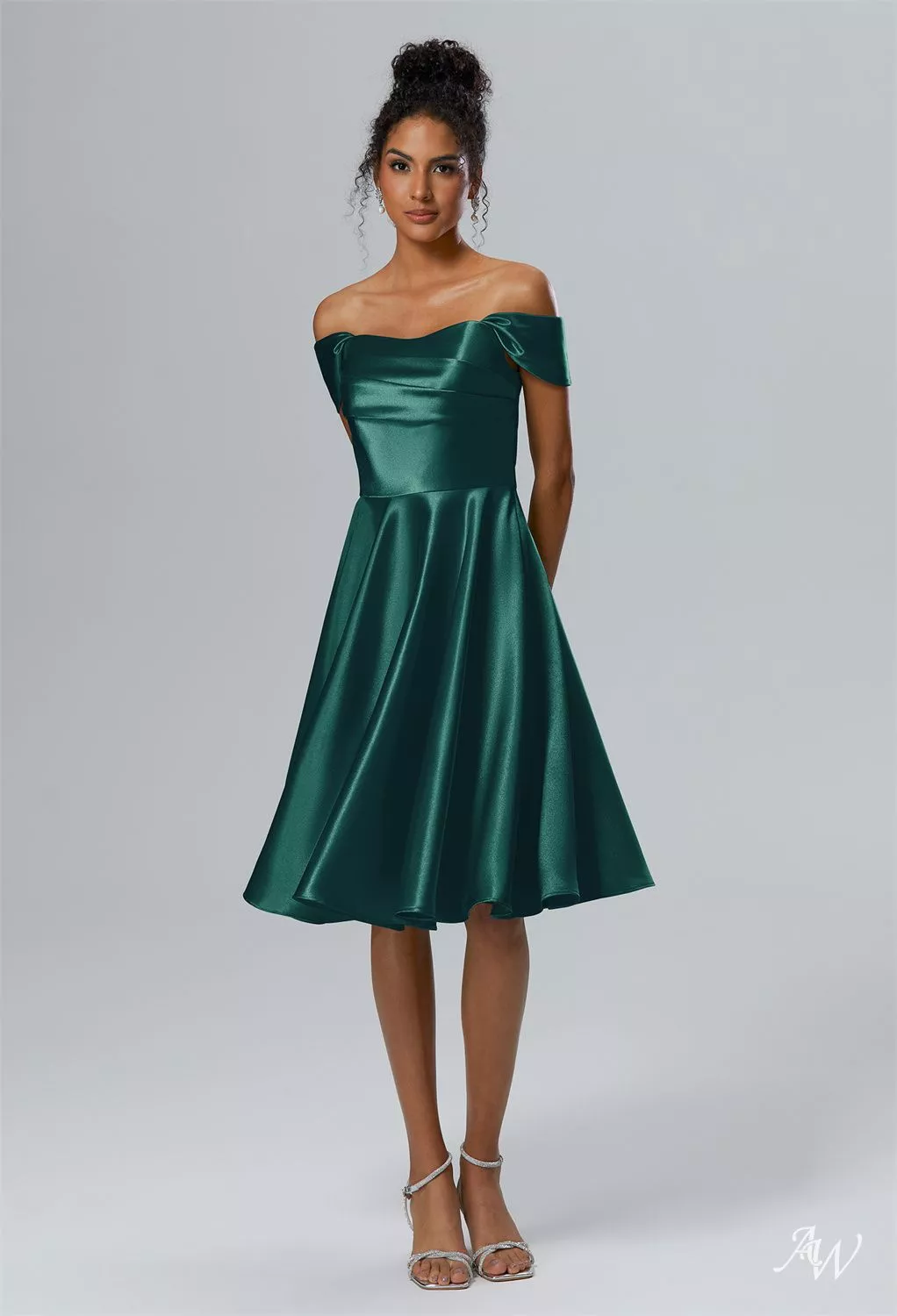 AW.Bridal A-line Off the Shoulder Knee Length Cap Sleeves Crystal Satin Short Bridesmaid Dresses Dress Hunter Green Size 8