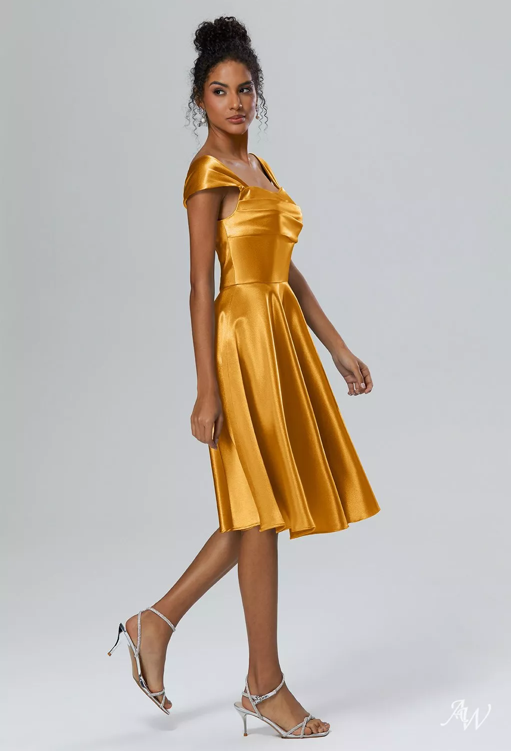 AW.Bridal A-Line Off The Shoulder Knee Length Cap Sleeves Crystal Satin Short Bridesmaid Dresses Dress Mango Size 8