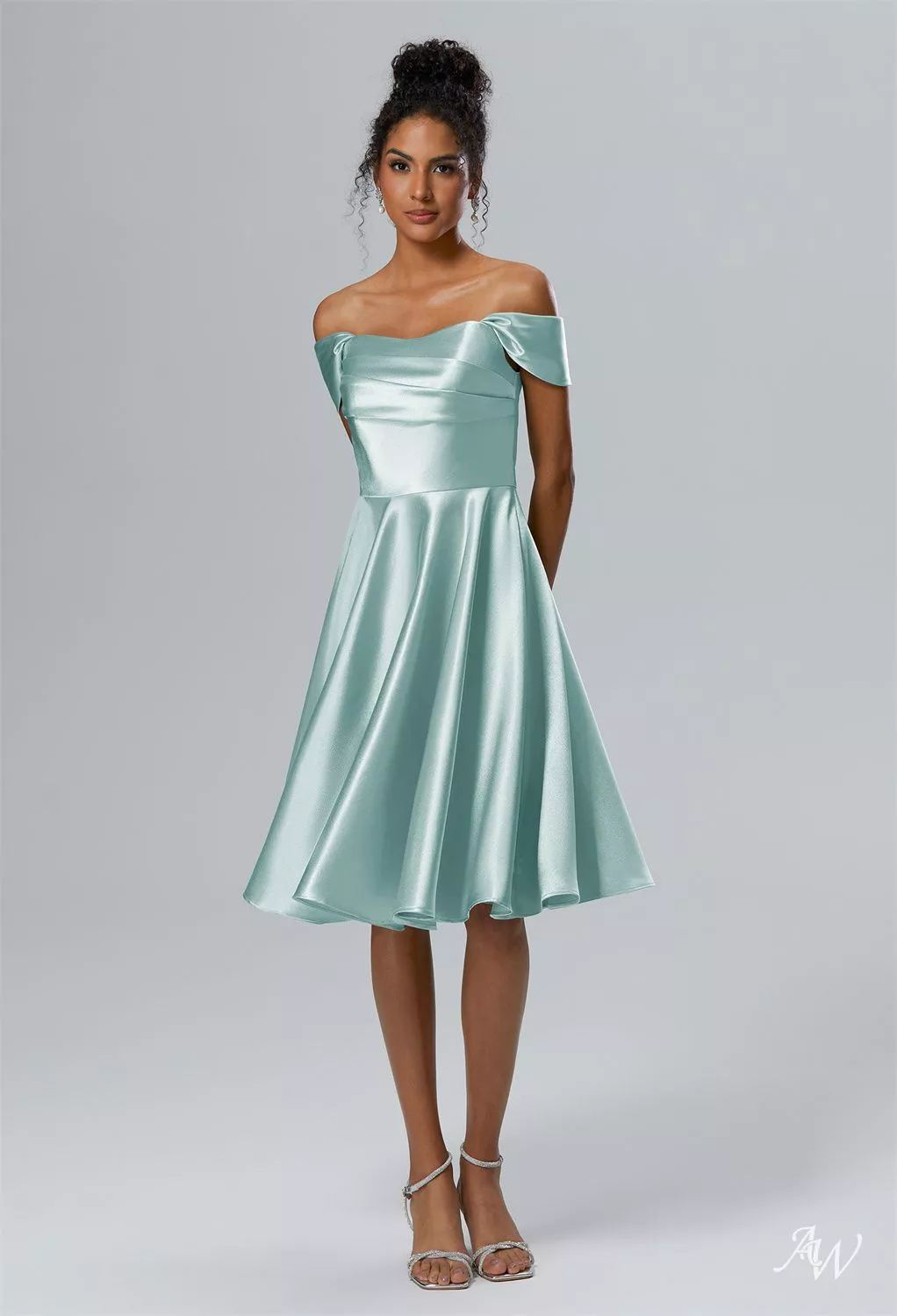 teal knee length bridesmaid dresses AW Yasmin Dress, Dark Navy Crystal Satin Satin Charmeuse Off the Shoulder Size:35/32