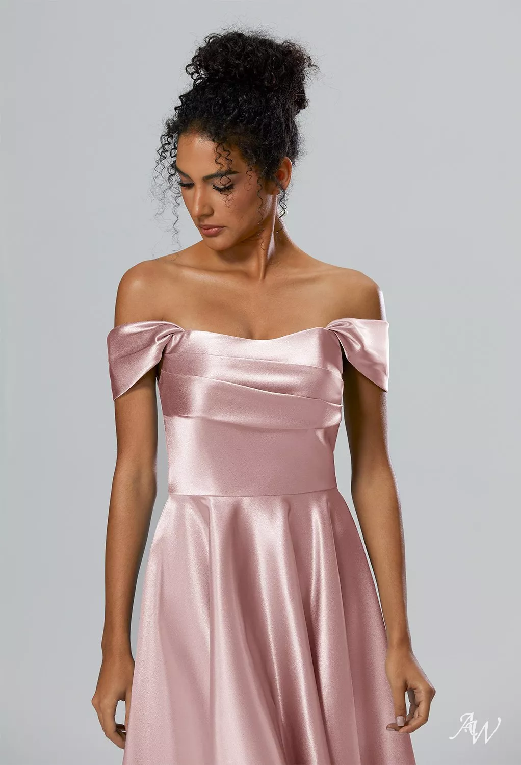 AW.Bridal A-Line Off The Shoulder Knee Length Cap Sleeves Crystal Satin Short Bridesmaid Dresses Dress Pearl Pink Size 18