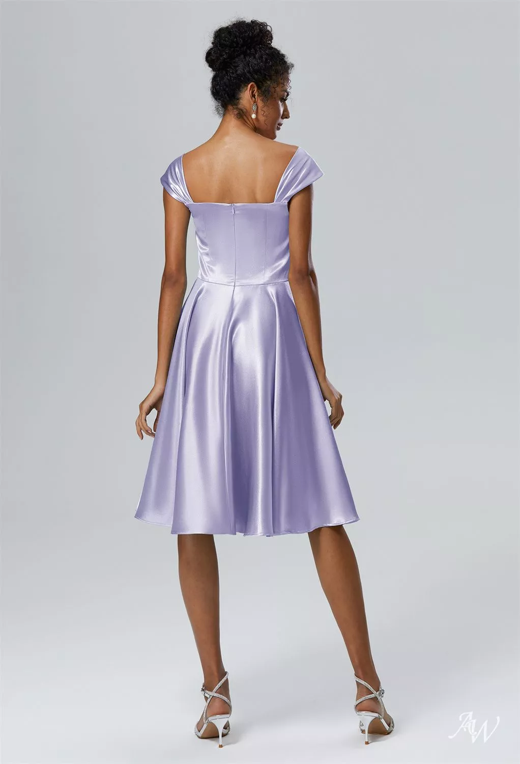 purple knee length bridesmaid dresses AW.Bridal A-line Off the Shoulder Cap Sleeves Crystal Satin Short Dress Haze Size 18 WAREHOUSE-ONLINE