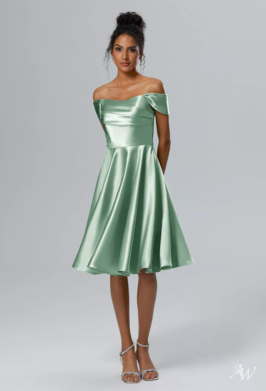 AW.Bridal A-line Off the Shoulder Knee Length Cap Sleeves Crystal Satin Wedding Guest Dresses Dress Reed Size 8