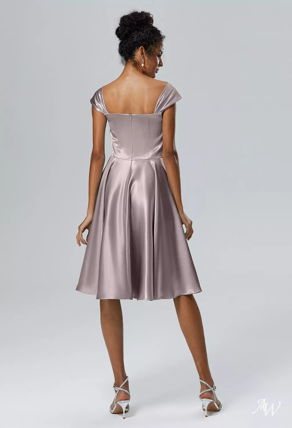 AW.Bridal A-line Off the Shoulder Knee Length Cap Sleeves Crystal Satin Wedding Guest Dresses Dress Taupe Size 18