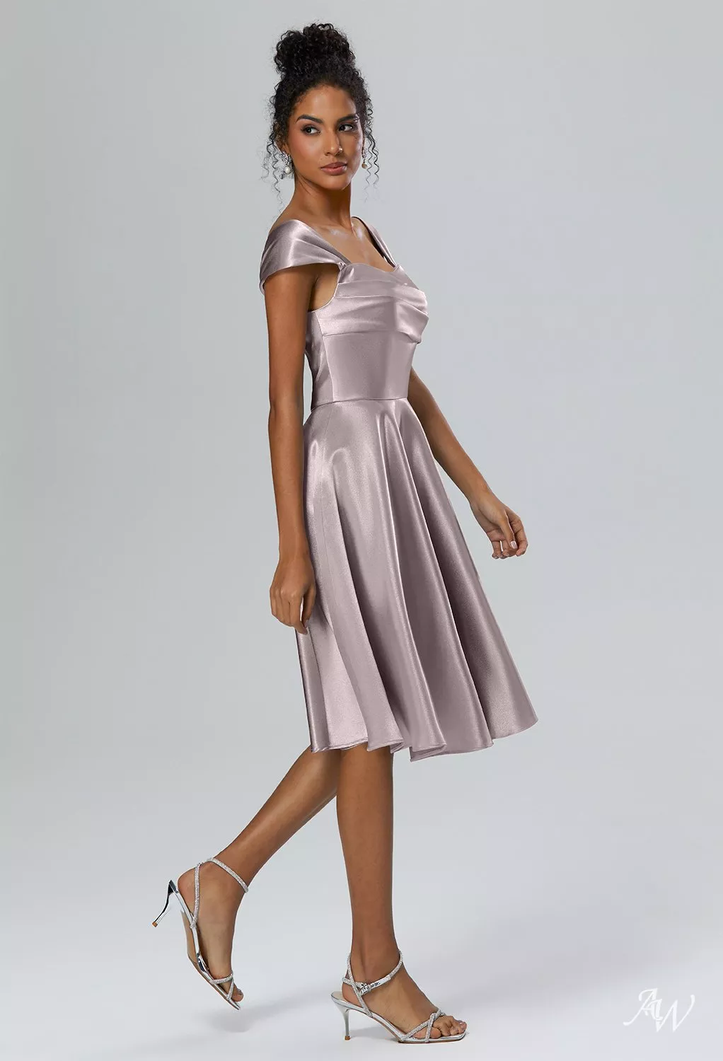 AW.Bridal A-line Off the Shoulder Knee Length Cap Sleeves Crystal Satin Wedding Guest Dresses Dress Taupe Size 18