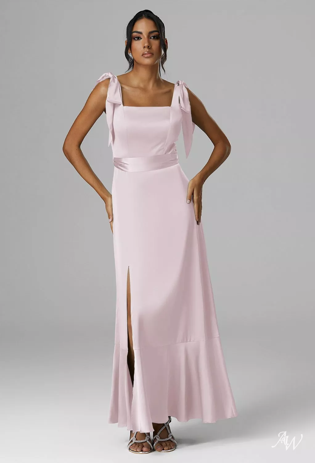 dusty rose silk bridesmaid dresses AW.Bridal A-line Square Neckline Ankle Length Sleeveless Satin Bow/Bowknot Bows Ruffles Split Long Dress Size 18 Size:FR34 - US2 - UK6 23352 azazie dusty rose satin Silver Bow One Shoulder Complete with hidden