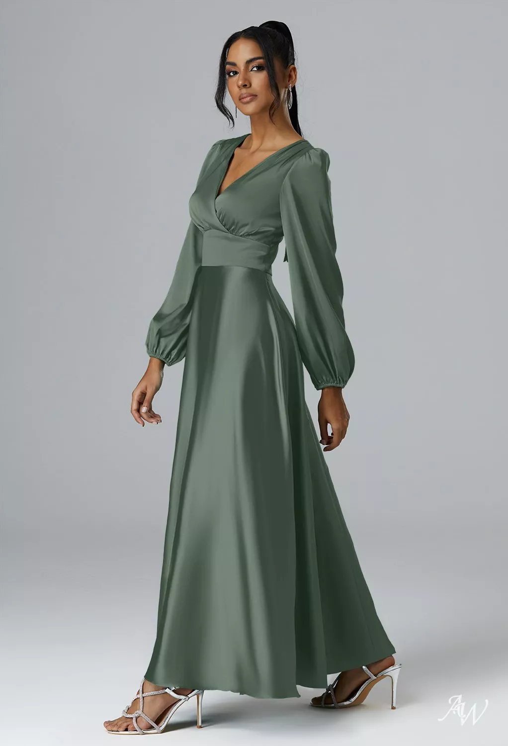 olive green satin dress long sleeve Women's Sloane Long Sleeve Satin Maxi Dress - Olive Green In Size Small