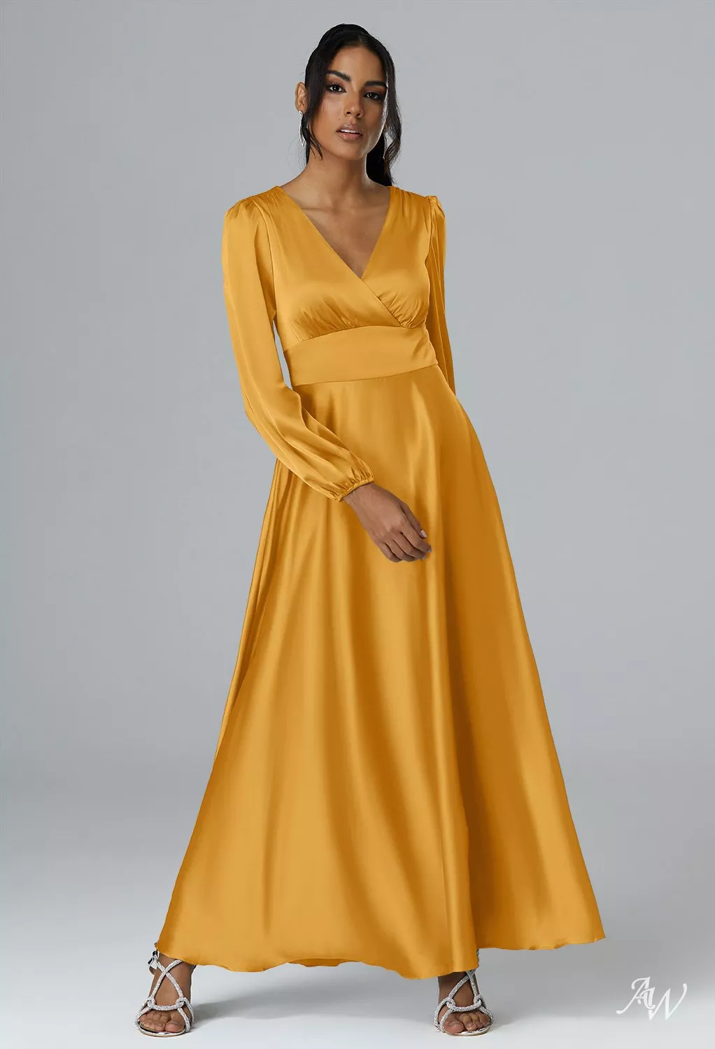 AW.Bridal A-line V-Neck Ankle Length Long Sleeves Satin Long Bridesmaid Dresses Dress Mango Size 18