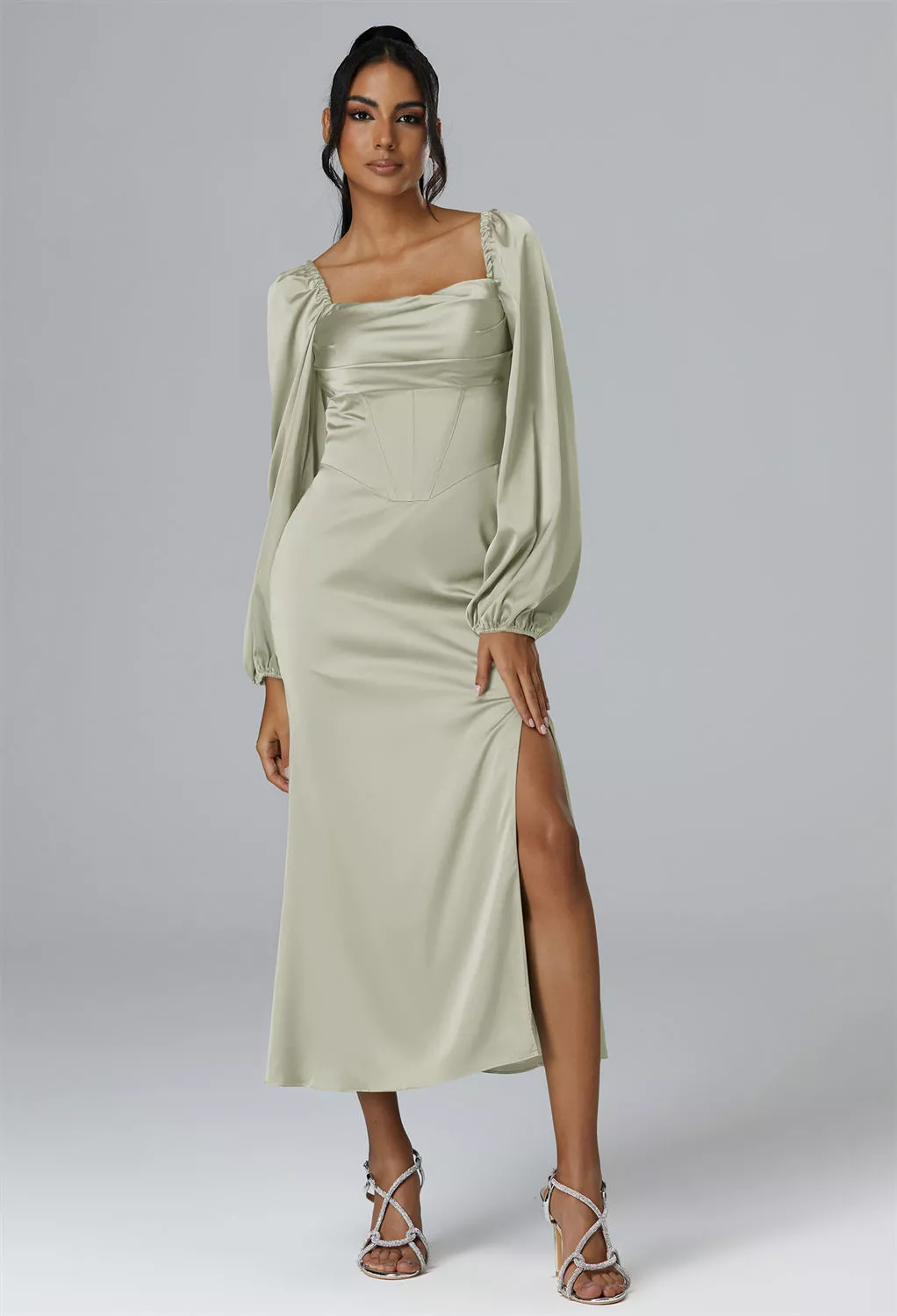 sage green dress for wedding guest with sleeves WEDTREND Women Sage Green Long Bridesmaid Dress with Long Sleeves A Line  Off the Shoulder Wedding Guest Dress main image 0