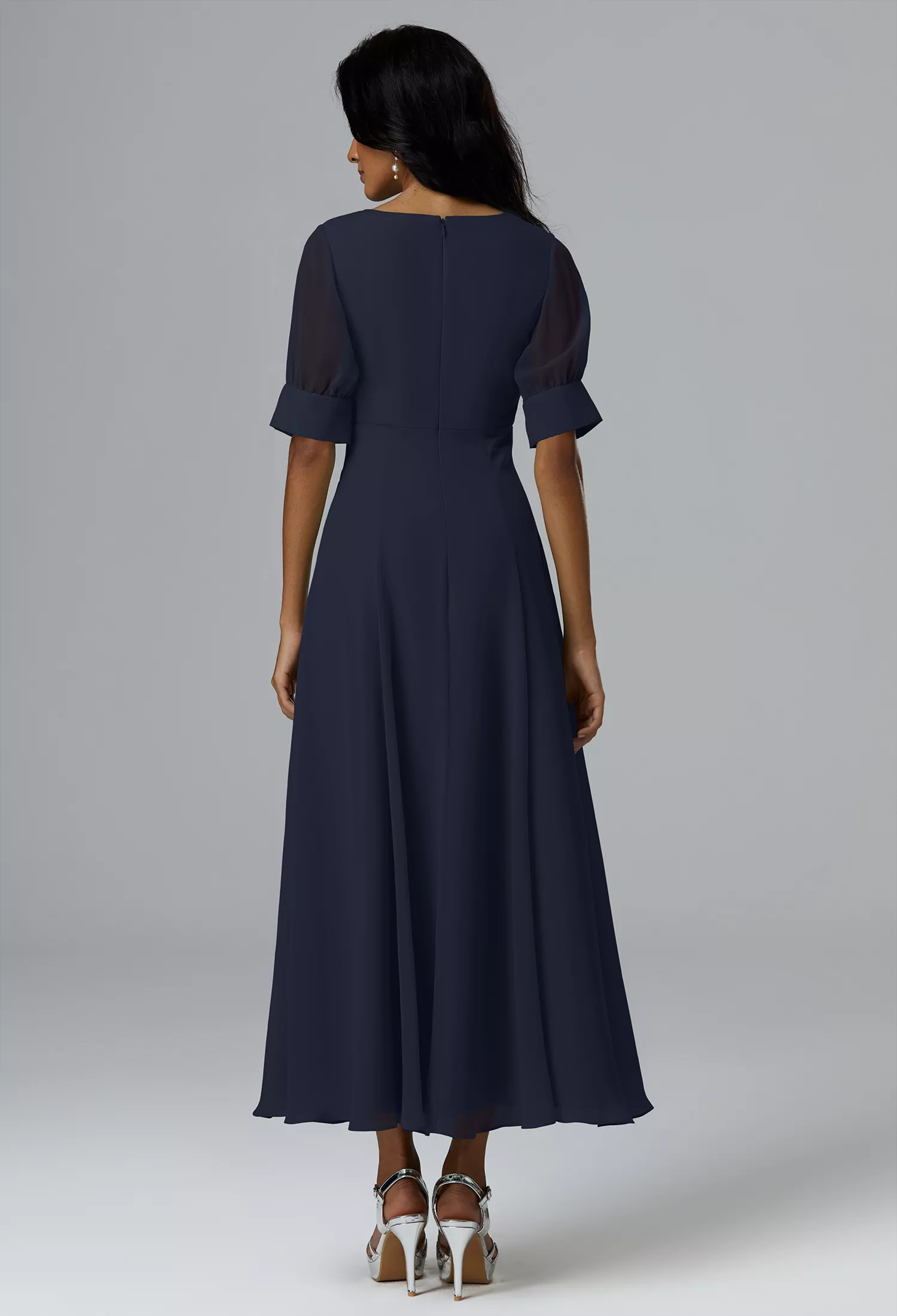 AW.Bridal A-Line V-Neck Ankle Length Short Sleeves Long Bridesmaid Dresses Dress Dark Navy Size 4