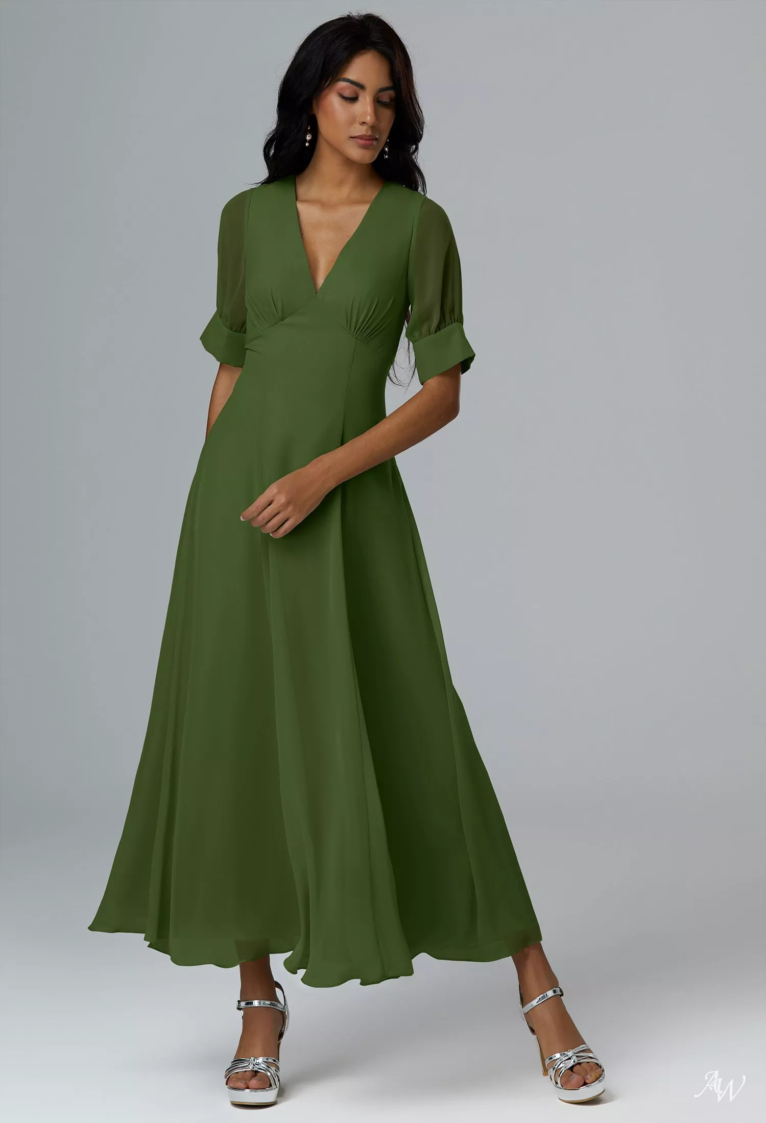 AW.Bridal A-line V-Neck Ankle Length Short Sleeves Long Bridesmaid Dresses Dress Green Olive Size 8