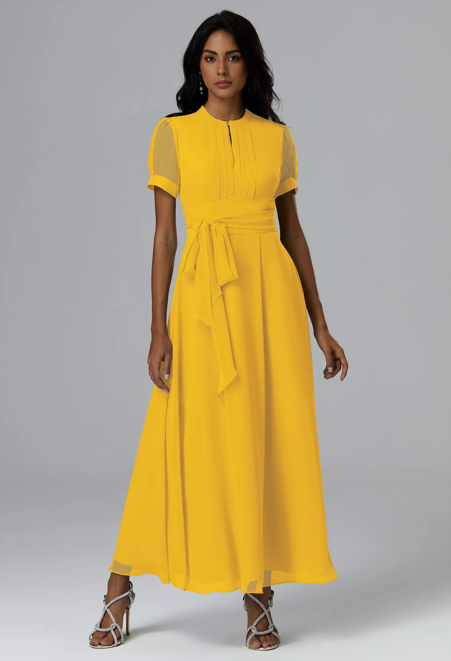 blue dress for baby girl Yellow Bridesmaid Wedding Guest Dress with Short Sleeves – loveangeldress main image 1