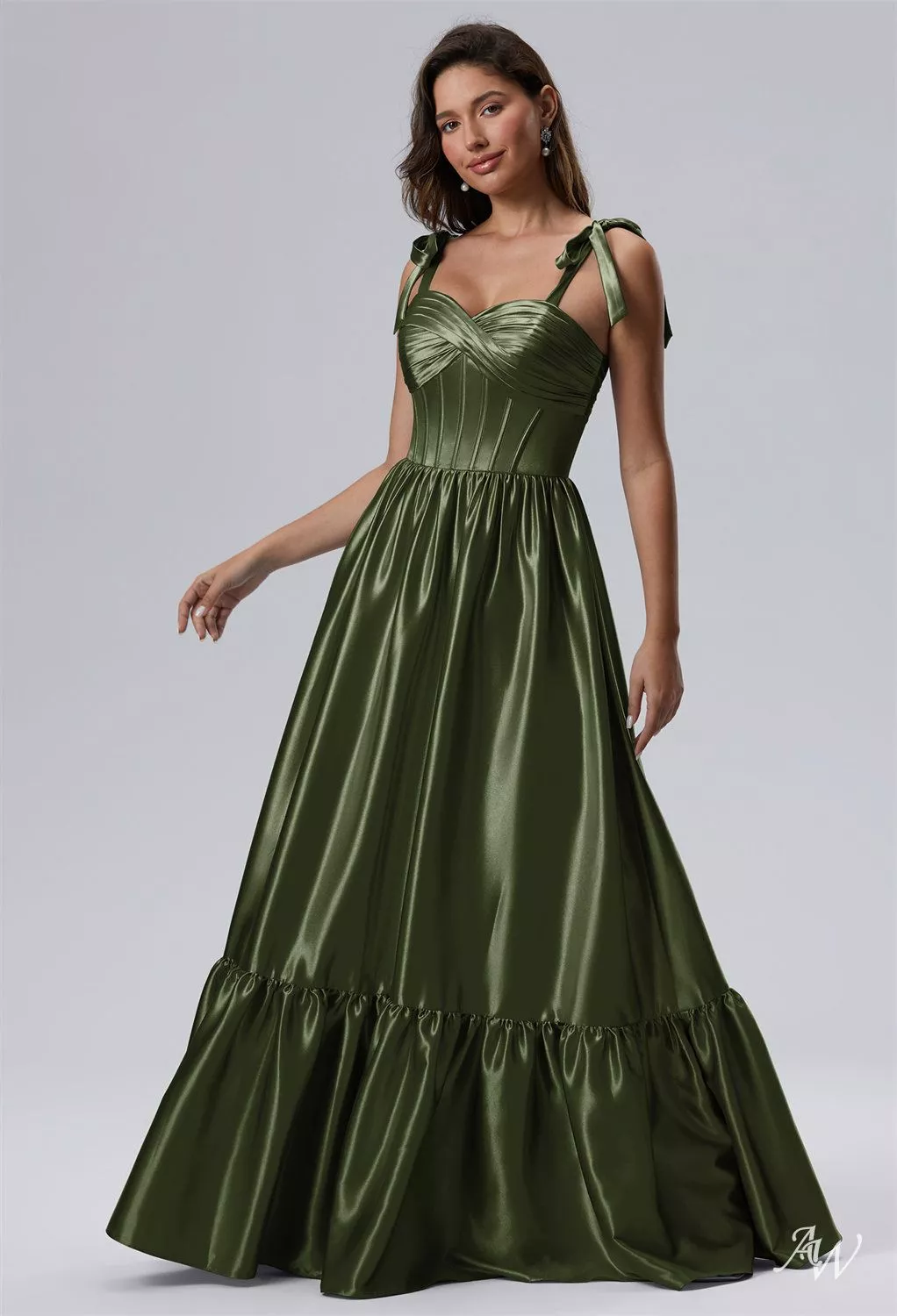 AW.Bridal A-Line Sweetheart Neckline Floor Length Sleeveless Bows Prom Dresses Dress Green Olive Size 18