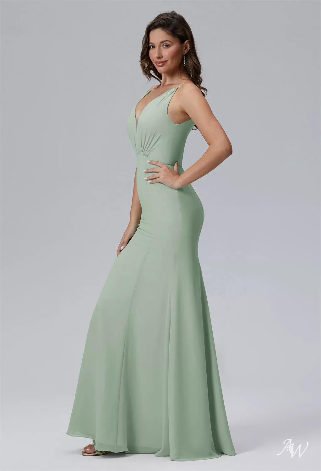 AW.Bridal Mermaid V-Neck Floor Length Sleeveless Spaghetti Straps Long Bridesmaid Dresses Dress Sage Green Size 16