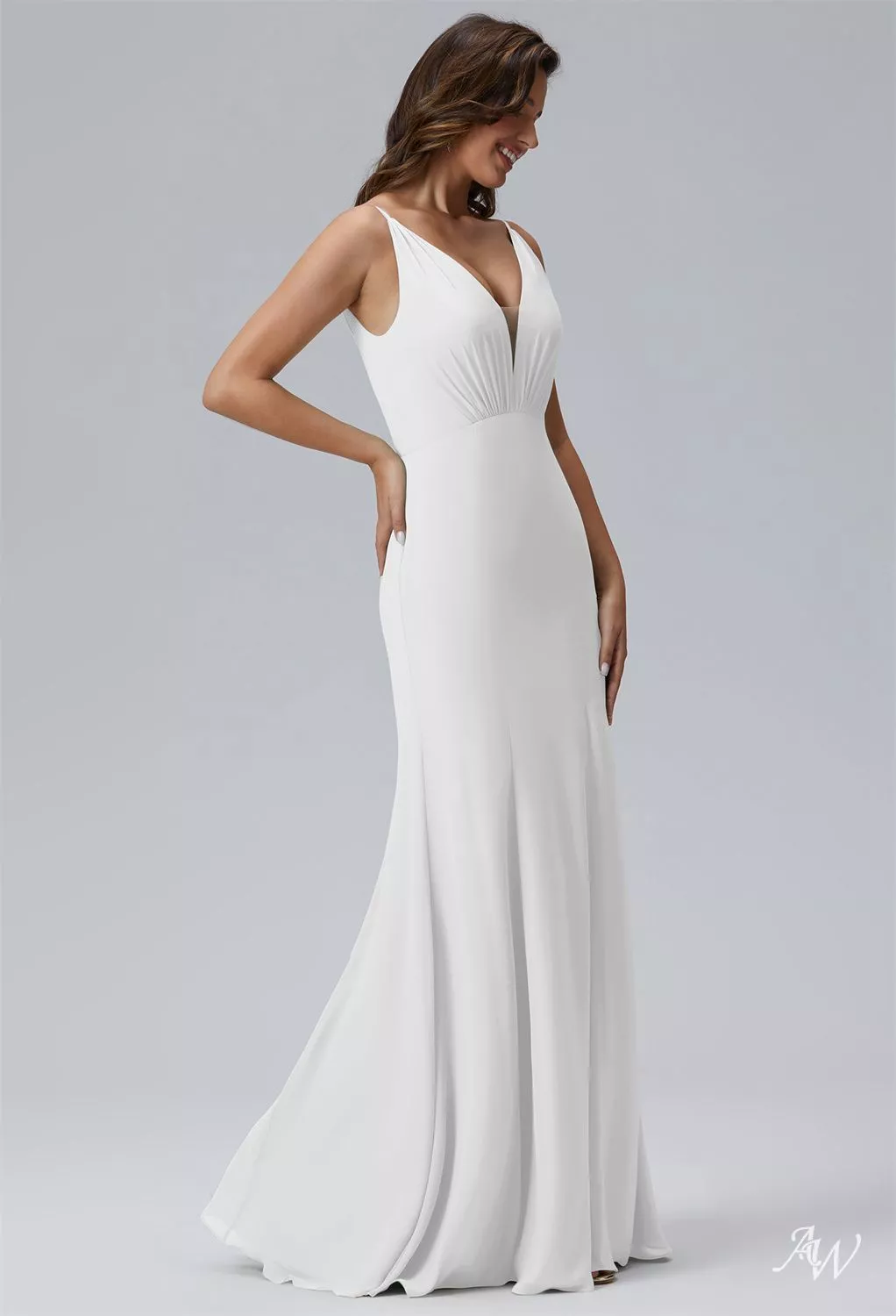 AW.Bridal Mermaid V-Neck Floor Length Sleeveless Spaghetti Straps Chiffon Wedding Guest Dresses White Size 16