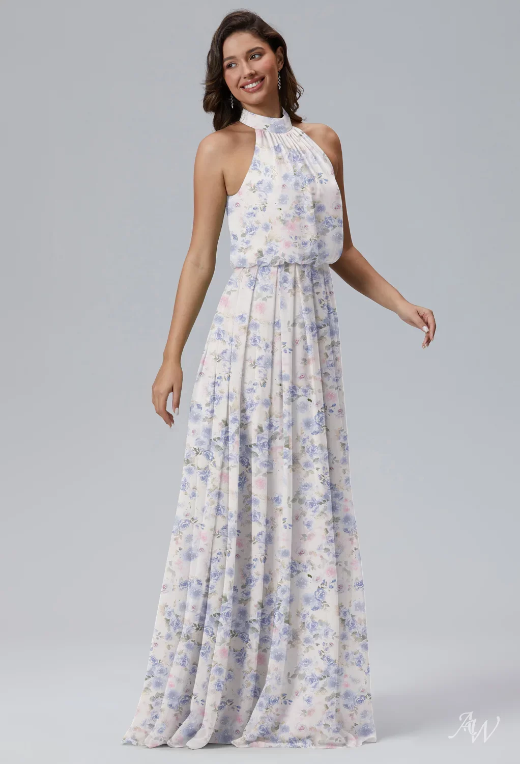 AW.Bridal A-line Halter Neckline Floor Length Sleeveless Floral Bridesmaid Dresses Floral Dress Azure Purple Print Size 4