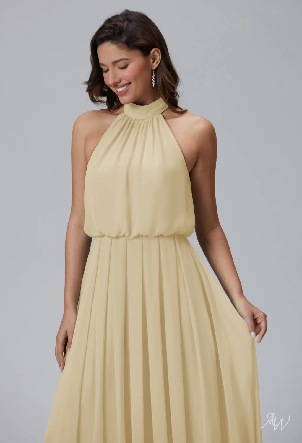 AW.Bridal A-line Halter Neckline Floor Length Sleeveless Chiffon Wedding Guest Dresses Champagne Size 16