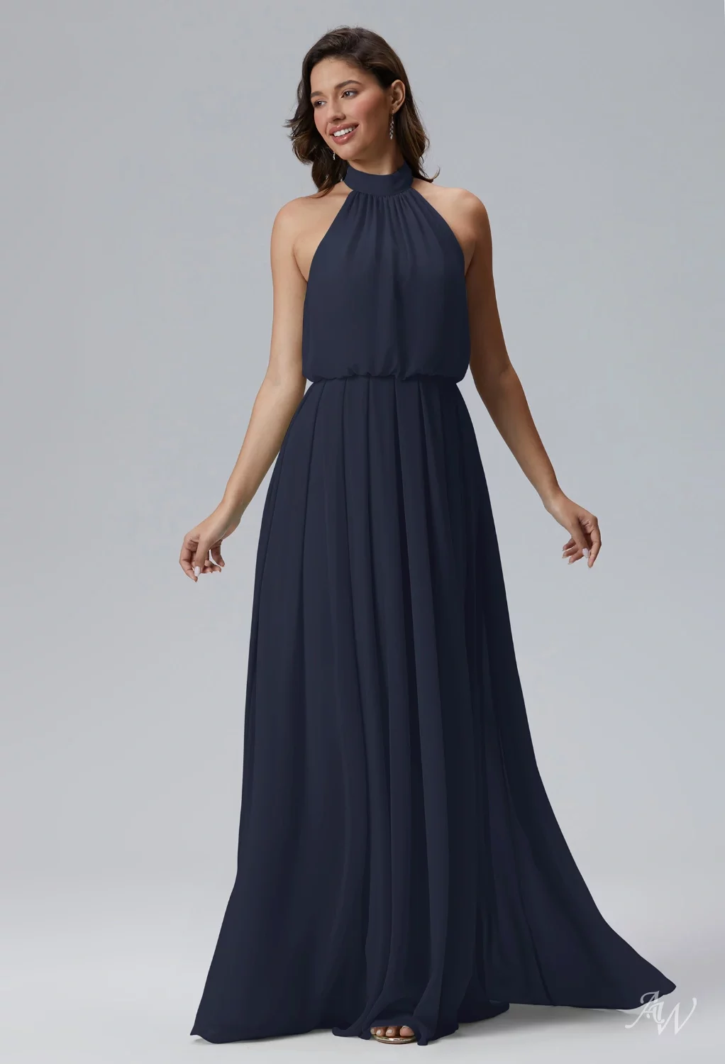 navy high neck bridesmaid dress BABARONI Halter V Neck Short Chiffon Bridesmaid Dresses-Dark Navy, Dark Navy / US0 main image 1