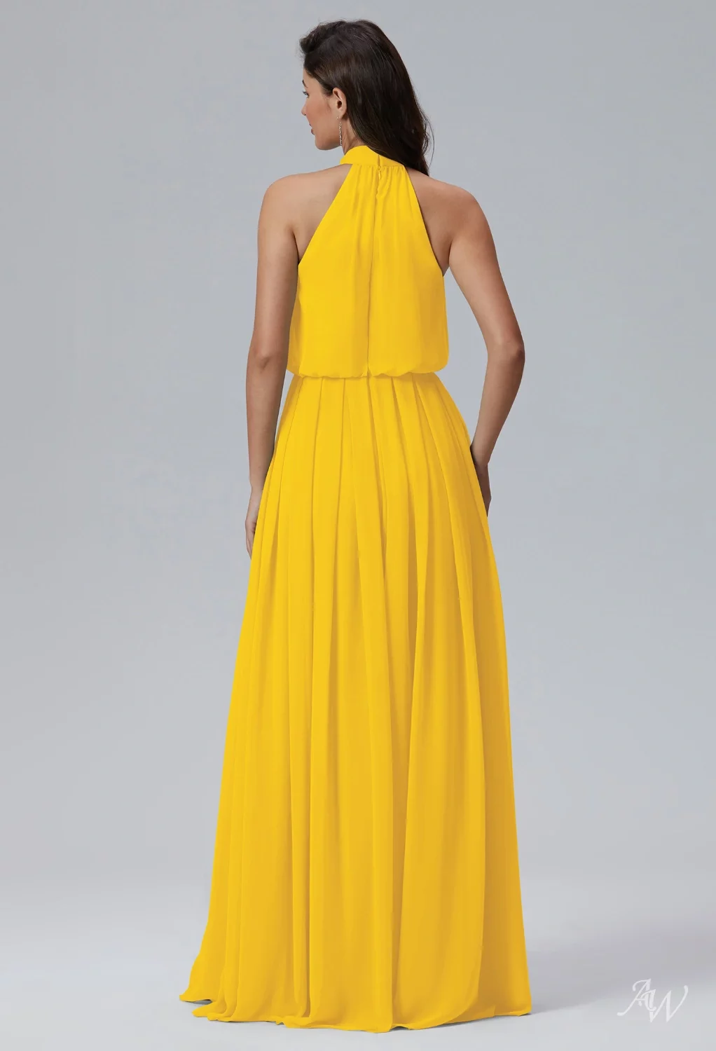 AW.Bridal A-line Halter Neckline Floor Length Sleeveless Chiffon Wedding Guest Dresses Mustard Yellow Size 8