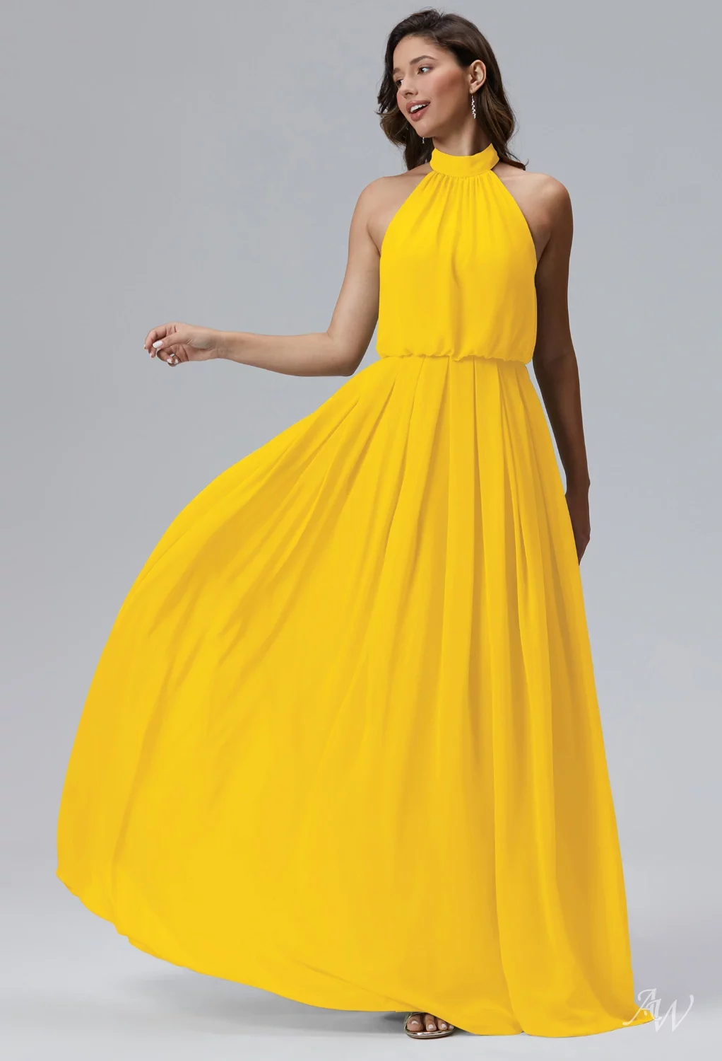 AW.Bridal A-line Halter Neckline Floor Length Sleeveless Chiffon Wedding Guest Dresses Mustard Yellow Size 8