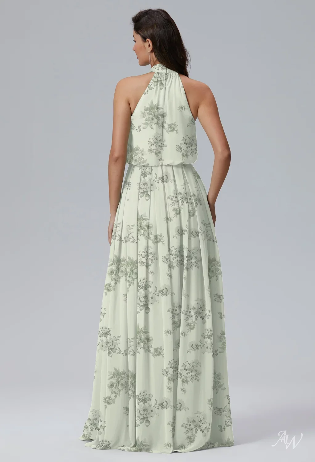 AW.Bridal A-line Halter Neckline Floor Length Sleeveless Floral Wedding Guest Dresses Floral Dress Pistachio Green Penoy Size 18