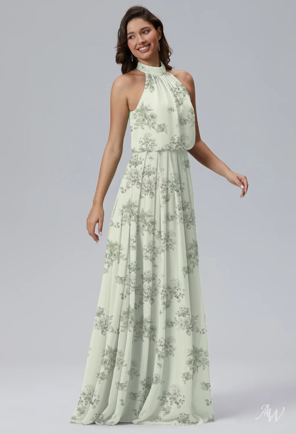 AW.Bridal A-line Halter Neckline Floor Length Sleeveless Floral Wedding Guest Dresses Floral Dress Pistachio Green Penoy Size 18
