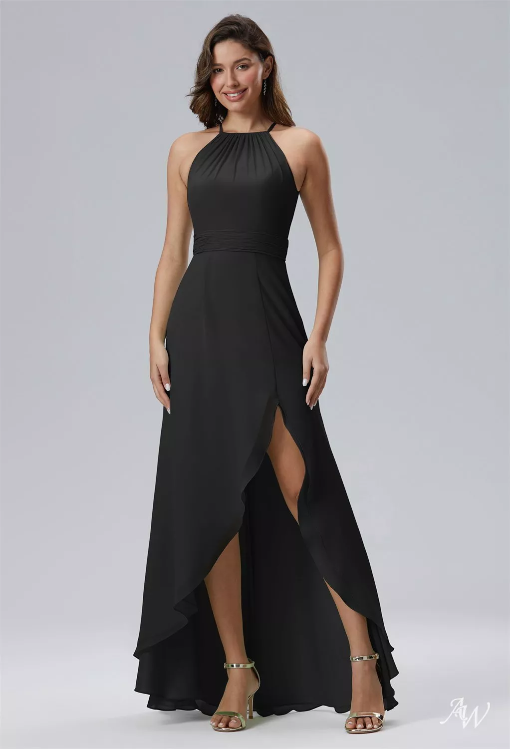 high low halter bridesmaid dress AW.Bridal A-line Neckline Hi Lo Sleeveless Ruffles Split Wedding Guest Dresses Black Size 8 collection:weddingshop Denim Shirt Dress for Color:Blush Bouquet this High Low Bridesmaid