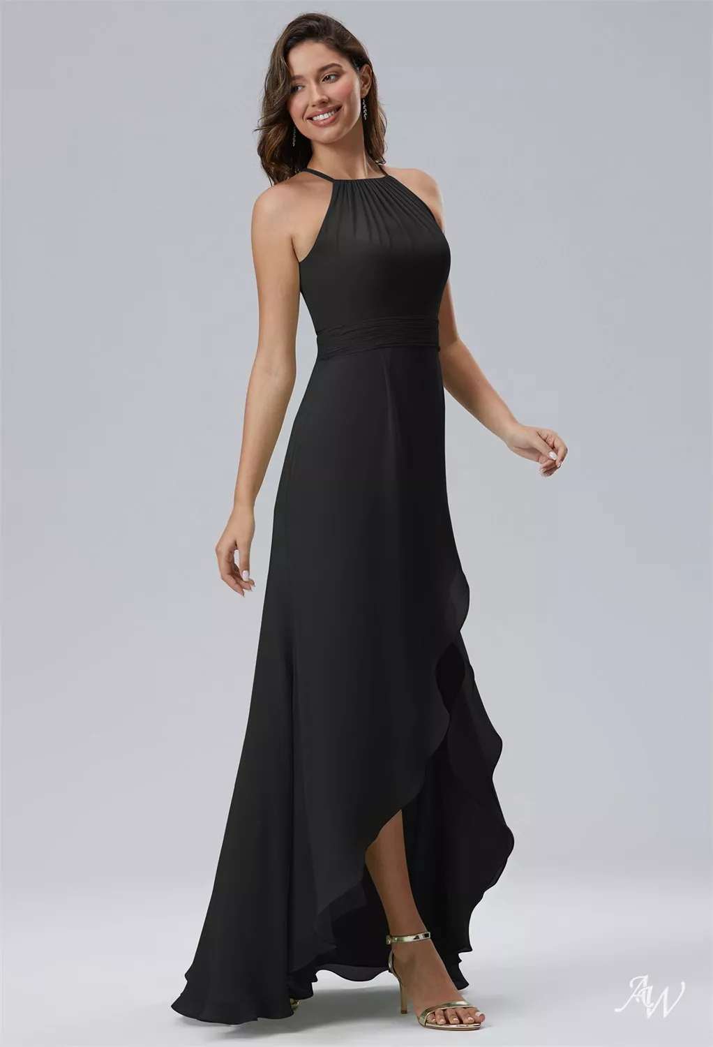 AW.Bridal A-line Halter Neckline Hi Lo Sleeveless Ruffles Split Wedding Guest Dresses Dress Black Size 8