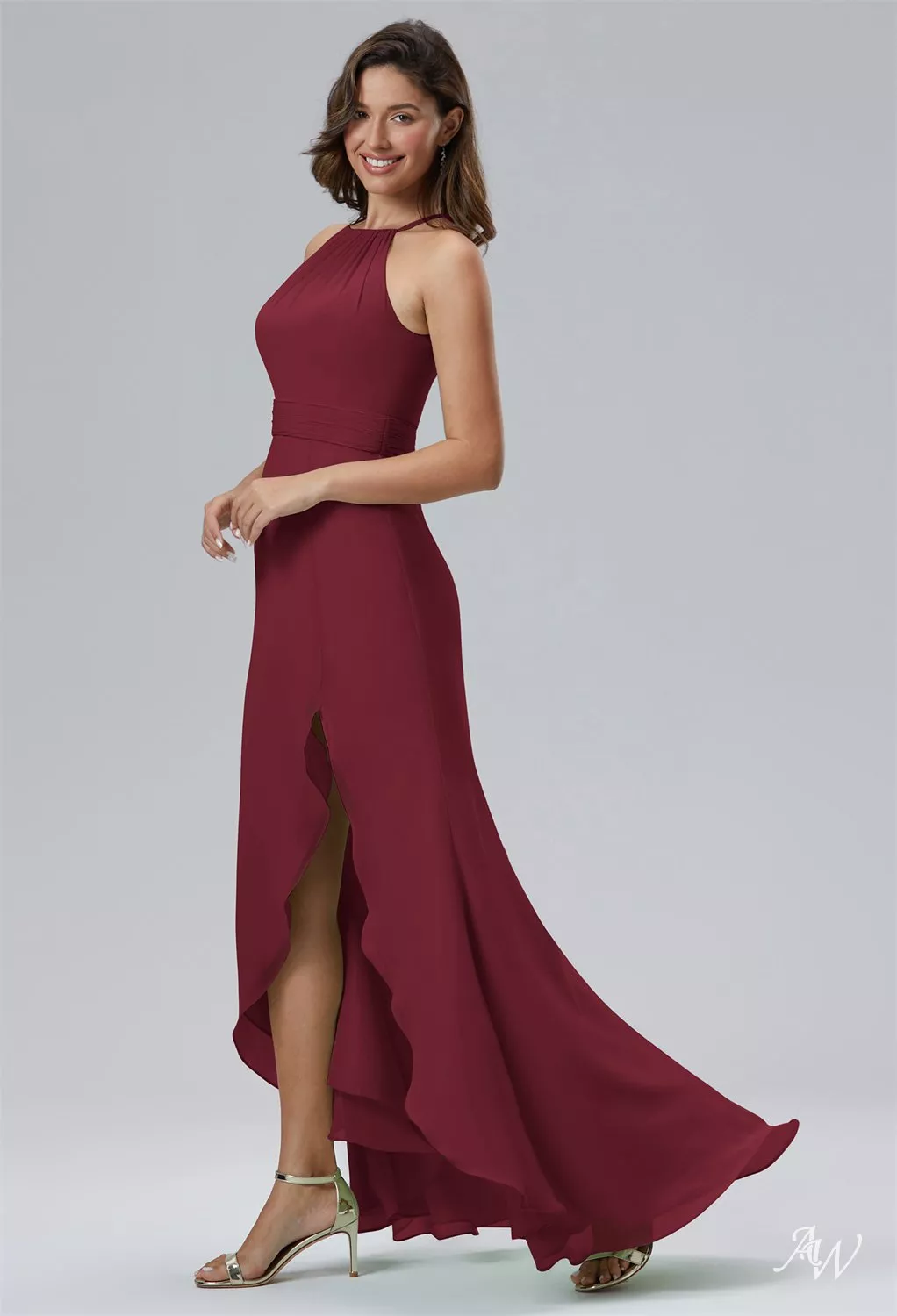 AW.Bridal A-line Halter Neckline Hi Lo Sleeveless Ruffles Split Long Bridesmaid Dresses Dress Burgundy Size 16