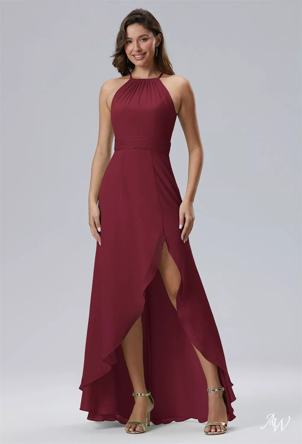 burgundy high low bridesmaid dresses AW.Bridal A-line Halter Neckline Hi Lo Sleeveless Ruffles Split Long Dress Size 16 halter neckline and a