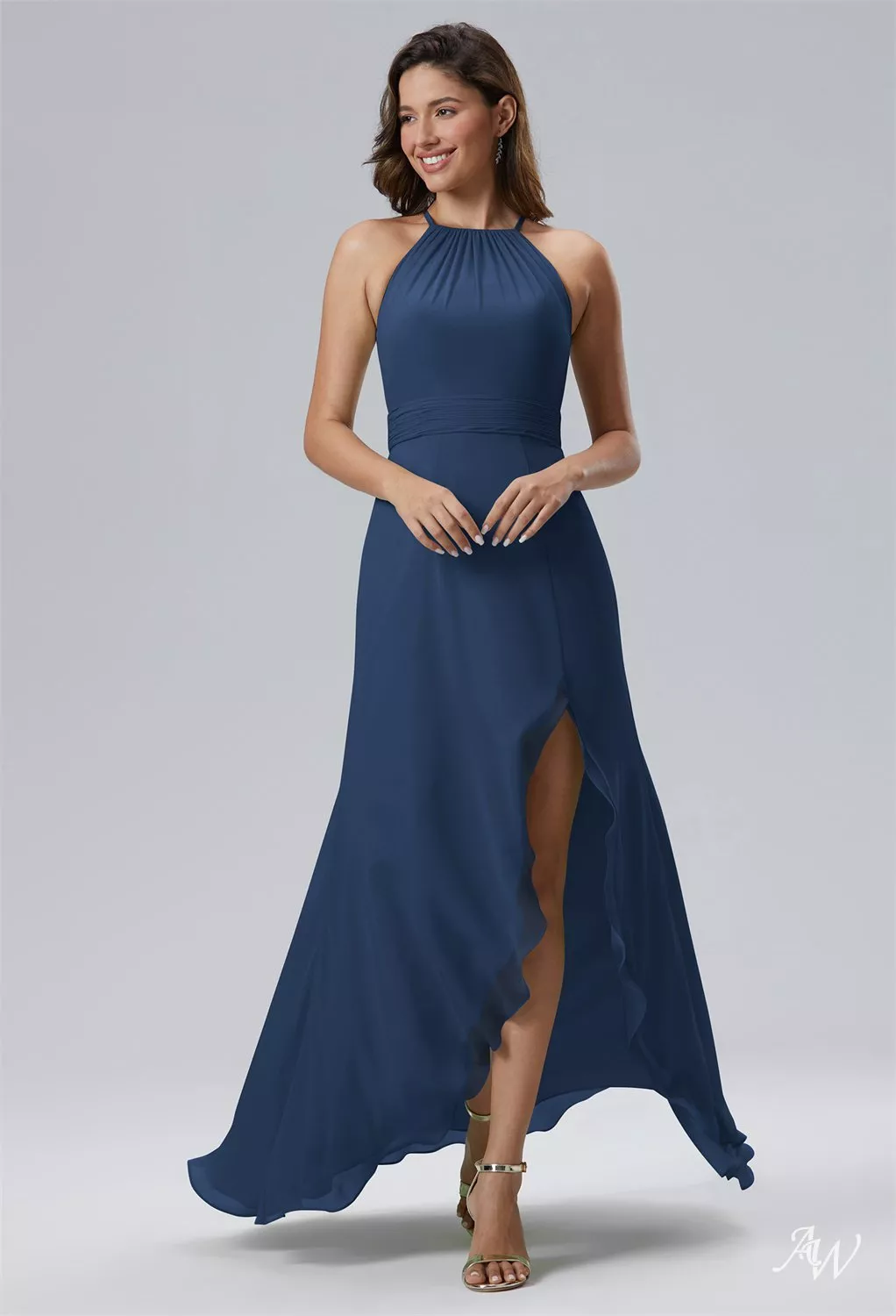 high low navy blue bridesmaid dresses Navy Blue Chiffon Formal Dress Short High Low Cheap Bridesmaid Dress  W/Illusion Neckline(CST2225) – DaisyFormals-Bridesmaid and Formal Dresses  in 59+ Colors main image 1