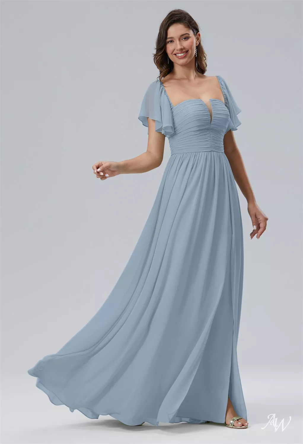 AW.Bridal A-line Square Neckline Floor Length Short Sleeves Pleat Ruching Split Long Bridesmaid Dresses Dress Light Dusty Blue Size 8