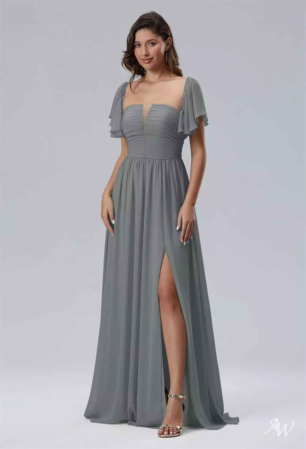 steel grey bridesmaid dresses AW.Bridal A-line Square Neckline Floor Length Short Sleeves Pleat Ruching Split Long Dress Gray Size 18 Price Drop