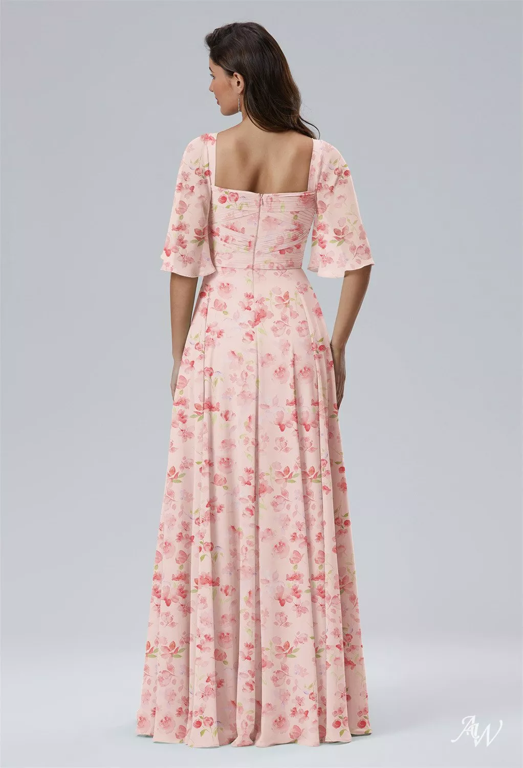 AW.Bridal A-line Sweetheart Neckline Floor Length Short Sleeves Floral Bridesmaid Dresses Floral Dress Peach Blossom Breeze Size 18