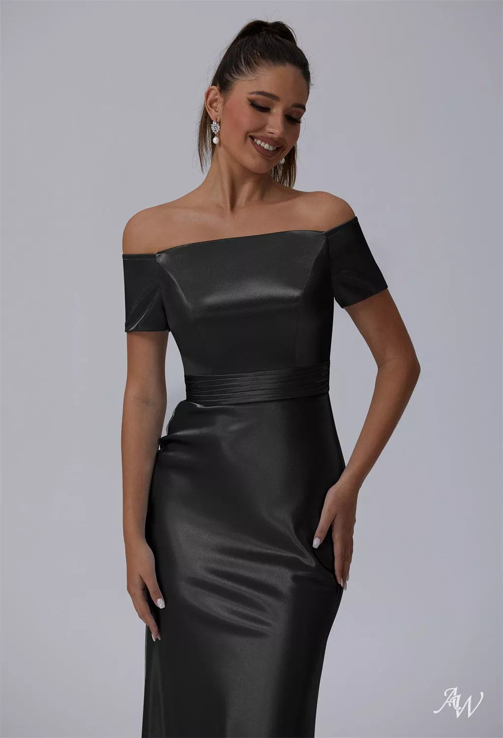 AW.Bridal Mermaid Straight Neckline Floor Length Off the Shoulder Short Sleeves Crystal Satin Long Bridesmaid Dresses Dress Black Metallic Size 8