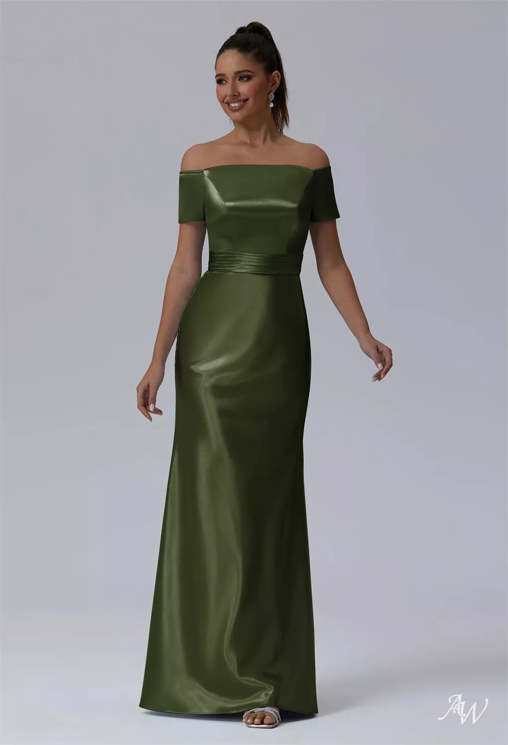 AW.Bridal Mermaid Straight Neckline Floor Length Off the Shoulder Short Sleeves Crystal Satin Long Bridesmaid Dresses Dress Green Olive Size 16