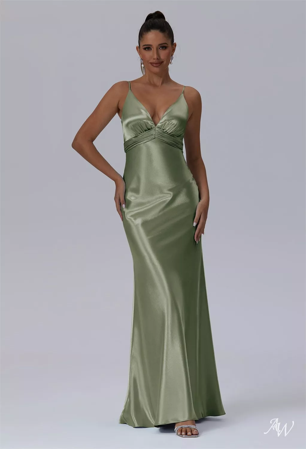 AW.Bridal Mermaid V-Neck Floor Length Sleeveless Spaghetti Straps Crystal Satin Long Bridesmaid Dresses Dress Fennel Seed Size 4