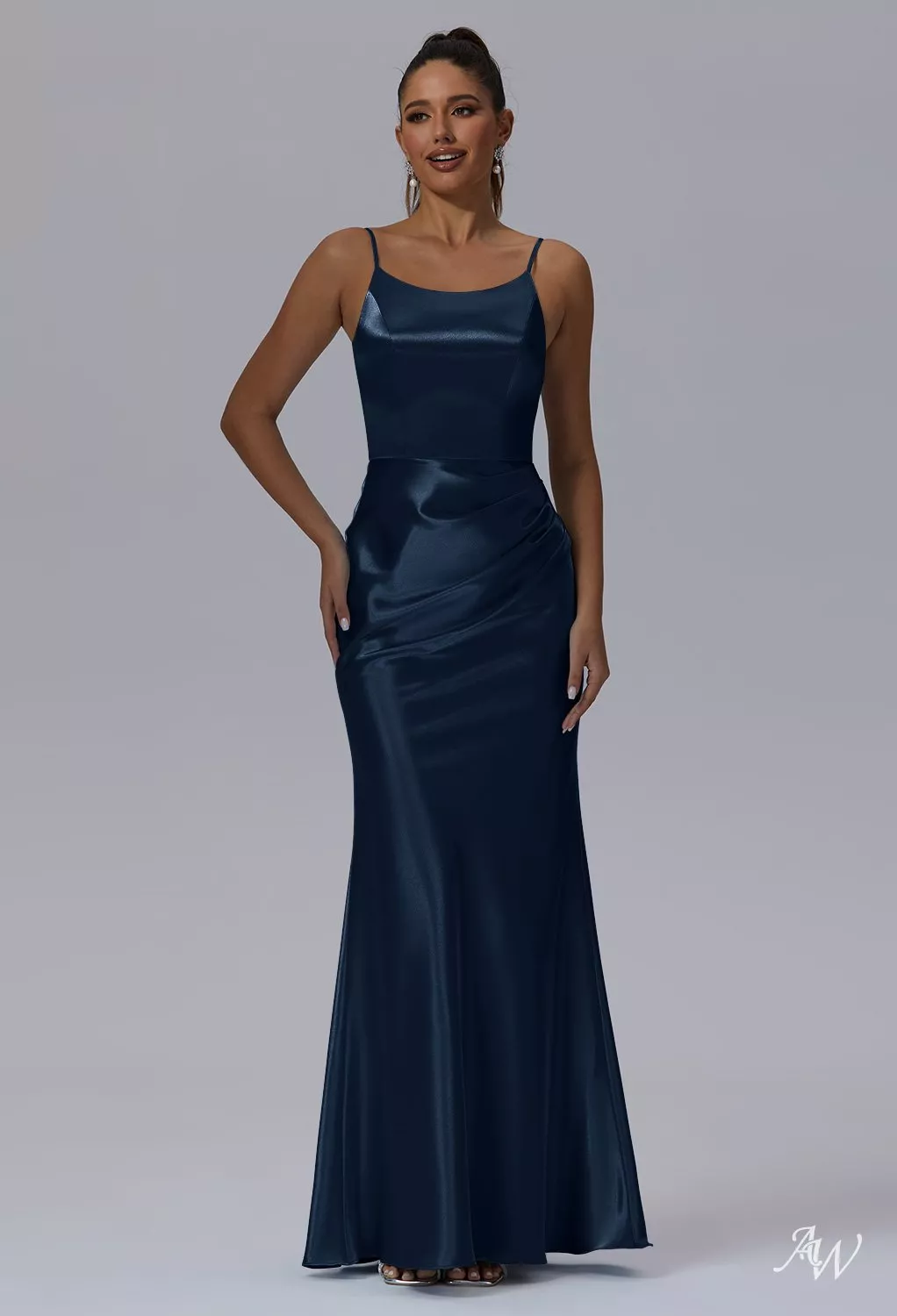 AW Guinevere Dress, Champagne Crystal Satin Floor Length Scoop/U-Neck Bridesmaid  Dresses | AW.Bridal