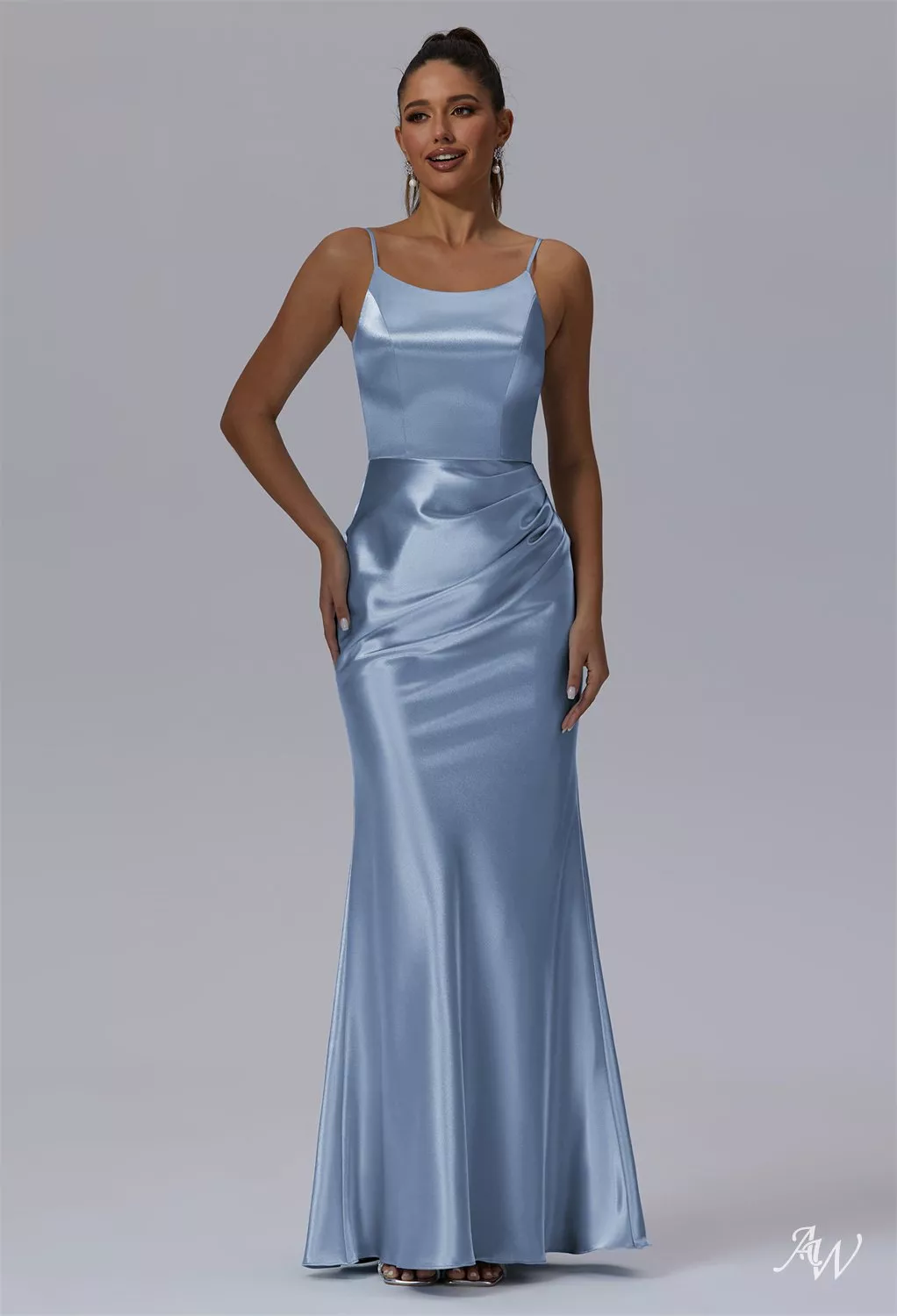 crystal bride bridesmaid dresses AW.Bridal Mermaid Scoop/U-Neck Floor Length Sleeveless Spaghetti Straps Satin Long Dress Dusty Blue Size 8 color:47.2x15.7x29.5 inch / 120x40x75 cm / Deep Espresso Black color / Six Chest of drawers